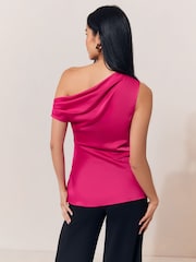 Lipsy Fuchsia Pink Satin One Shoulder Draped Top - Image 5 of 5