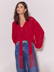 Lipsy Red V-Neck Voluminous Blouse With Detachable Fringe Scarf - Image 2 of 5