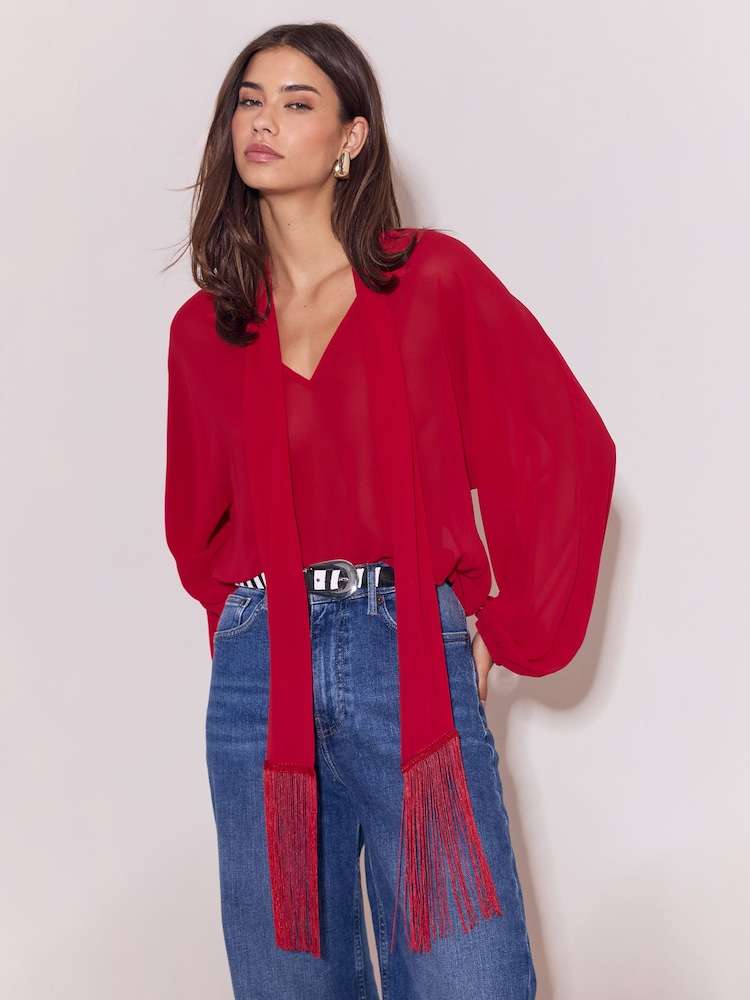 Lipsy Red V-Neck Voluminous Blouse With Detachable Fringe Scarf - Image 2 of 5 Lipsy Red V-Neck Voluminous Blouse With Detachable Fringe Scarf - Image 2 of 5