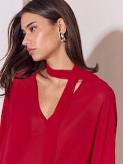 Lipsy Red V-Neck Voluminous Blouse With Detachable Fringe Scarf - Image 3 of 5
