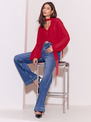 Lipsy Red V-Neck Voluminous Blouse With Detachable Fringe Scarf - Image 4 of 5
