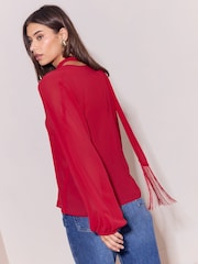 Lipsy Red V-Neck Voluminous Blouse With Detachable Fringe Scarf - Image 5 of 5