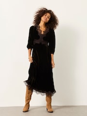 FatFace Libby Chocolate Brown Petite Velvet Midi Dress - Image 1 of 4