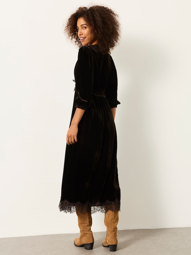 FatFace Libby Chocolate Brown Petite Velvet Midi Dress - Image 2 of 4