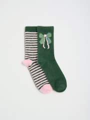 Love & Roses Dark Green Bow Stripe Cosy Soft Eyelash Slipper Socks 2 Pack - Image 1 of 2