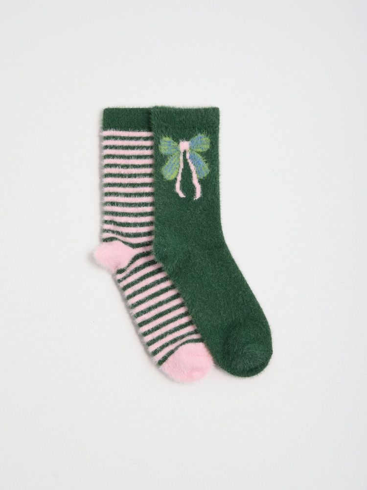 Love & Roses Dark Green Bow Stripe Cosy Soft Eyelash Slipper Socks 2 Pack - Image 1 of 2