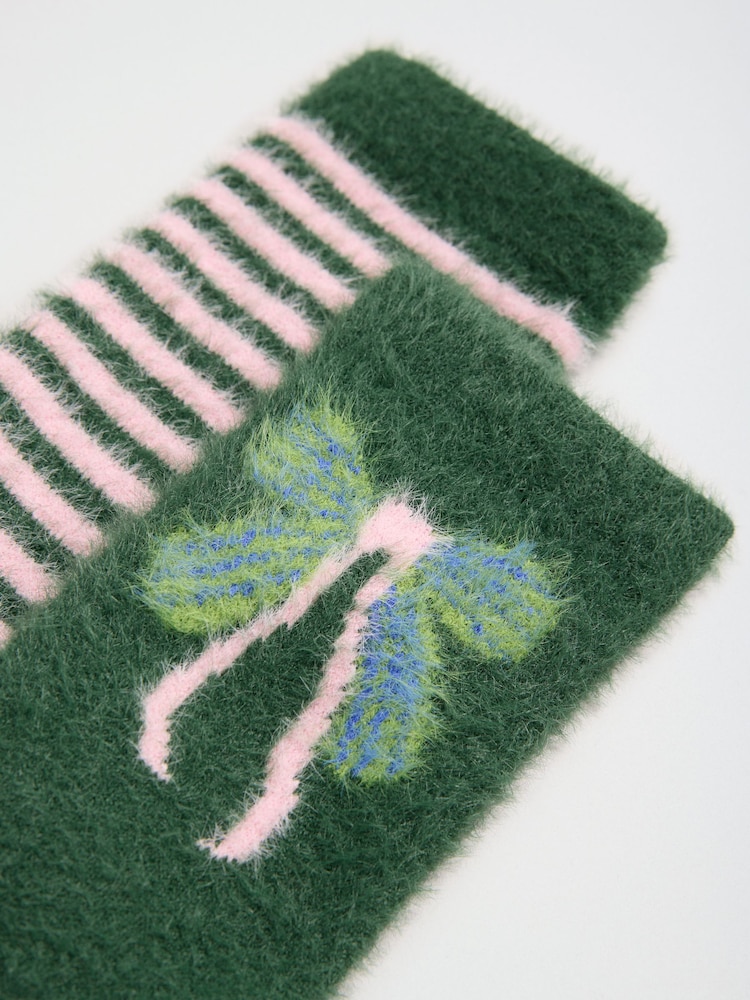 Love & Roses Dark Green Bow Stripe Cosy Soft Eyelash Slipper Socks 2 Pack - Image 2 of 2