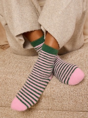Dark Green Bow Stripe - Love & Roses Cosy Soft Eyelash Slipper Socks 2 Pack - صورة 4 من 6