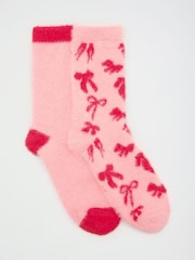 Love & Roses Red and Pink Bow Cosy Soft Eyelash Slipper Socks 2 Pack - Image 1 of 4