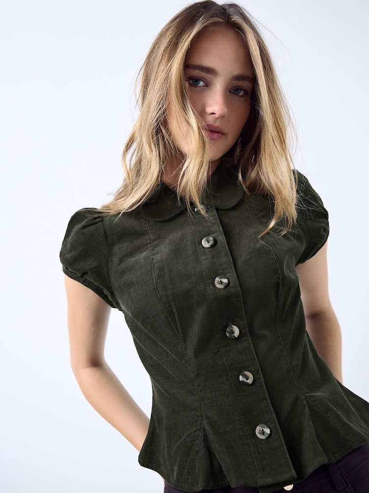 Khaki Green Corduroy Puff Sleeve Fitted Top - Image 1 of 8