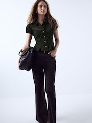 Khaki Green Corduroy Puff Sleeve Fitted Top - Image 2 of 8