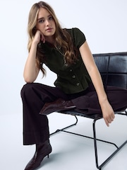 Khaki Green Corduroy Puff Sleeve Fitted Top - Image 3 of 8