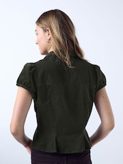 Khaki Green Corduroy Puff Sleeve Fitted Top - Image 4 of 8