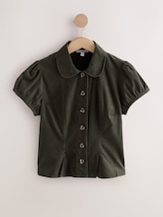 Khaki Green Corduroy Puff Sleeve Fitted Top - Image 6 of 8