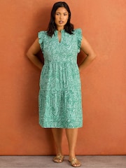 Live Unlimited Petite Green Print Cheesecloth Pintuck Knee Length Dress - Image 3 of 5