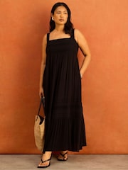 Live Unlimited Black Crinkle Pintuck Lace Trim Midaxi Dress - Image 1 of 5