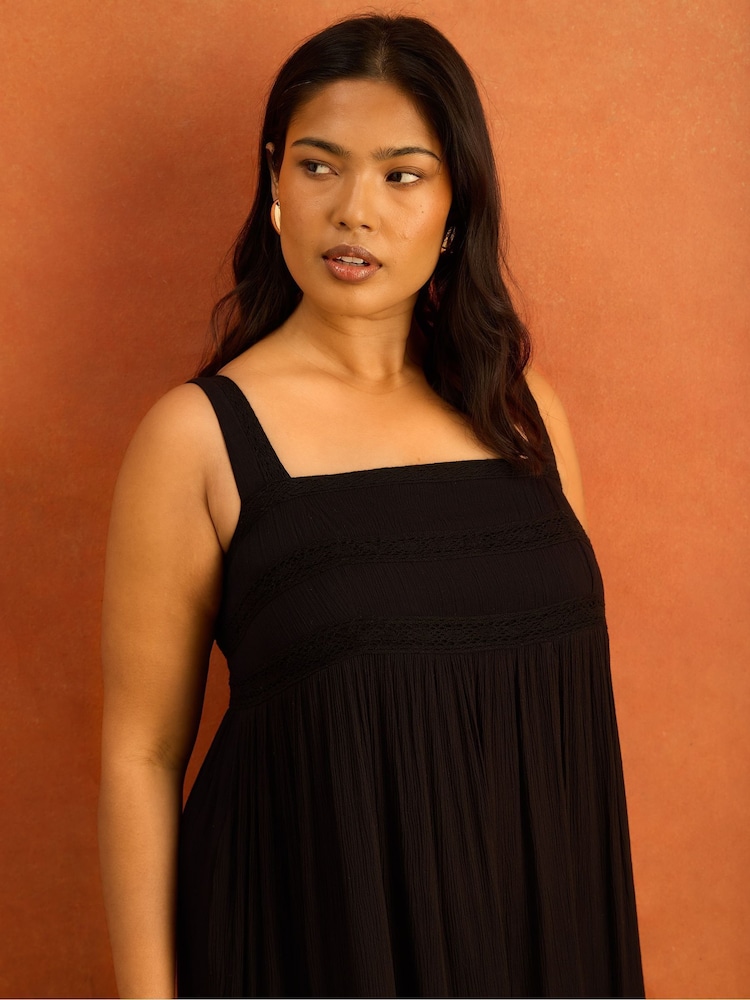 Live Unlimited Black Crinkle Pintuck Lace Trim Midaxi Dress - Image 2 of 5