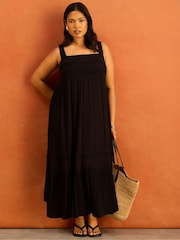 Live Unlimited Black Crinkle Pintuck Lace Trim Midaxi Dress - Image 4 of 5