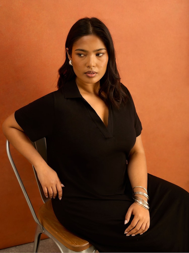 Live Unlimited Black Collar Neck Jersey Midi Dress - Image 2 of 5