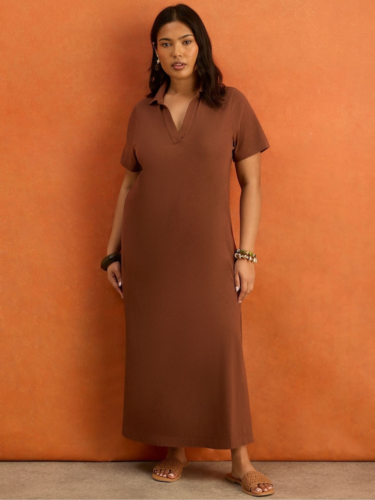Live Unlimited Brown Collar Neck Jersey Midi Dress - Image 1 of 4