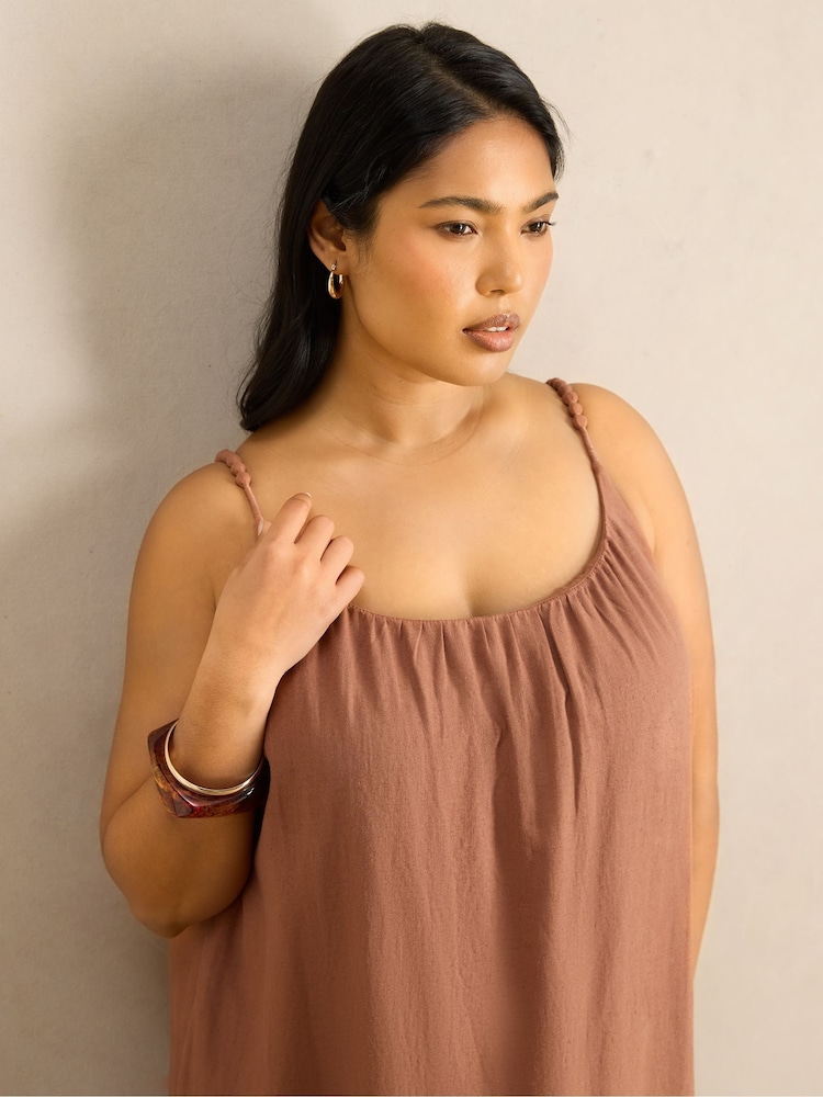 Live Unlimited Brown Linen Blend Bobble Trim Maxi Dress - Image 2 of 6