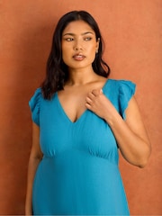 Live Unlimited Blue Frill Sleeve Linen Midi Dress - Image 6 of 6