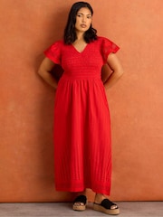 Live Unlimited Red Shirred Broiderie Midi Dress - Image 1 of 4