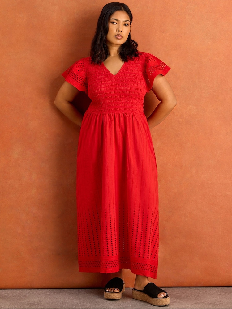 Live Unlimited Red Shirred Broiderie Midi Dress - Image 1 of 4