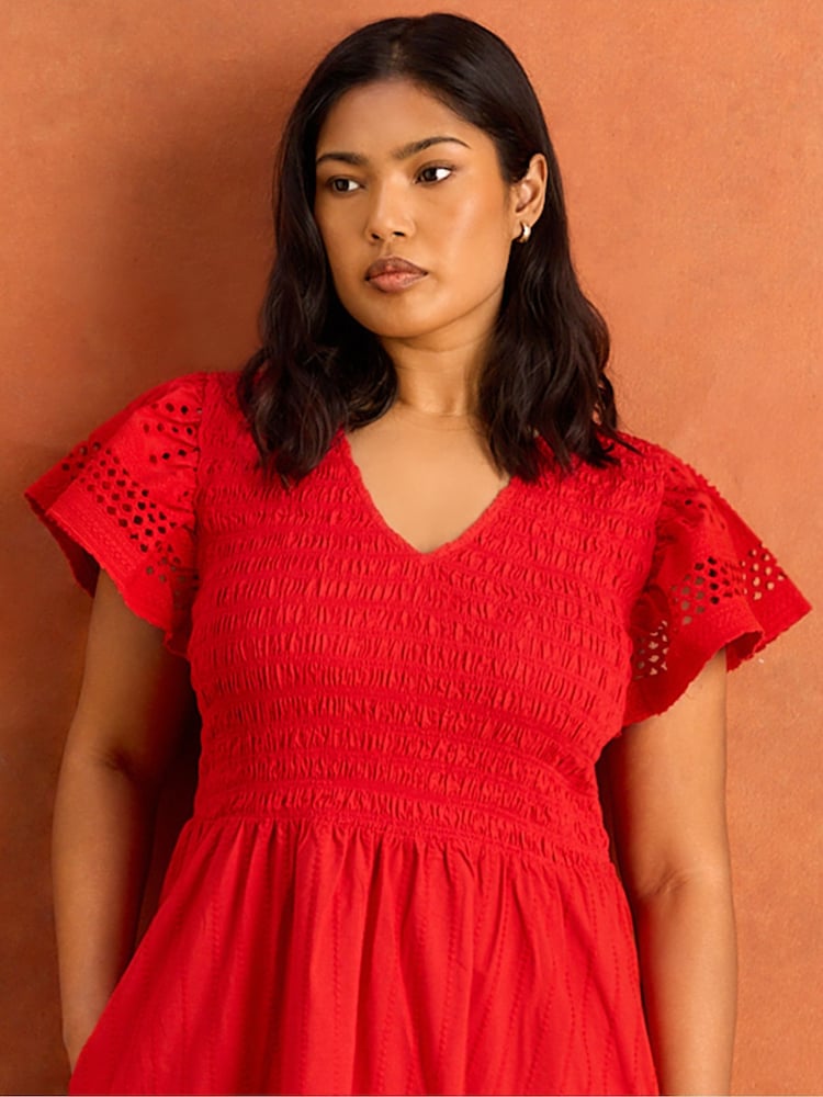 Live Unlimited Red Shirred Broiderie Midi Dress - Image 2 of 4