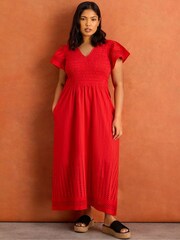 Live Unlimited Red Shirred Broiderie Midi Dress - Image 3 of 4