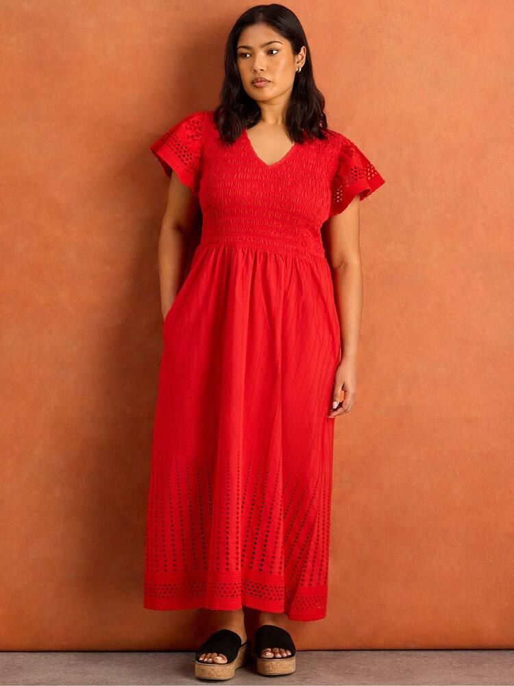 Live Unlimited Red Shirred Broiderie Midi Dress - Image 4 of 4