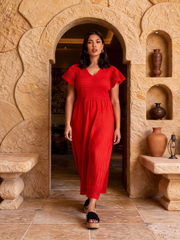 Live Unlimited Red Shirred Broiderie Midi Dress - Image 5 of 5