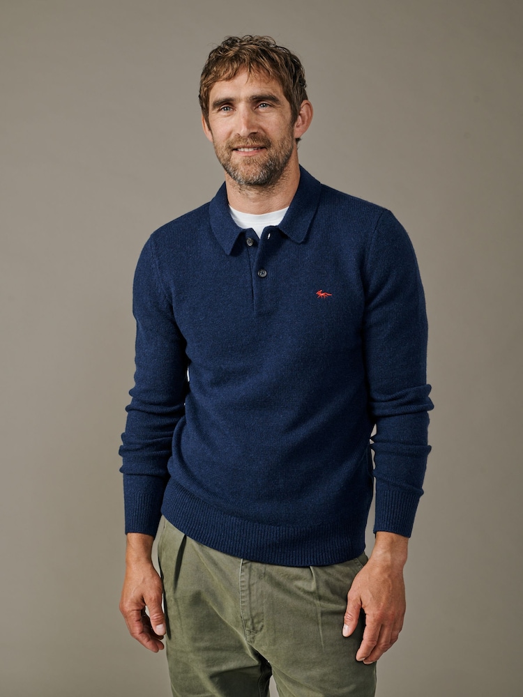 Aubin Blue Shore Lambswool Long Sleeve Knitted Polo Jumper - Image 1 of 5