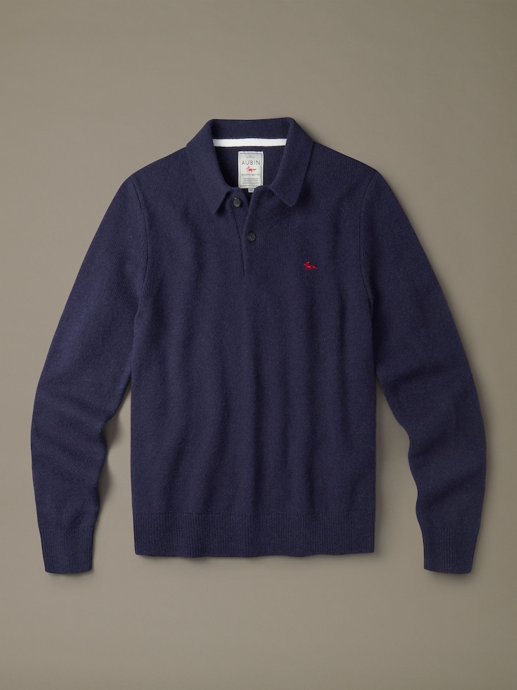Aubin Blue Shore Lambswool Long Sleeve Knitted Polo Jumper - Image 5 of 5