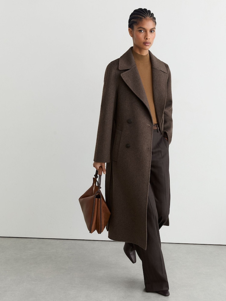 Reiss Mocha Brown Rene Double-Breasted Blind-Seam Coat Wool-Blend with Cashmere - Image 1 of 8 Reiss Mocha Brown Rene Double-Breasted Blind-Seam Coat Wool-Blend with Cashmere - Image 1 of 8