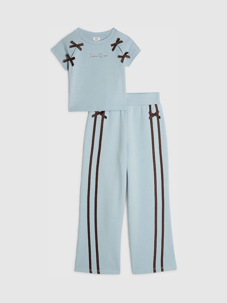 River Island Blue Bow T-Shirt & Track Joggers Set - Image 1 of 5