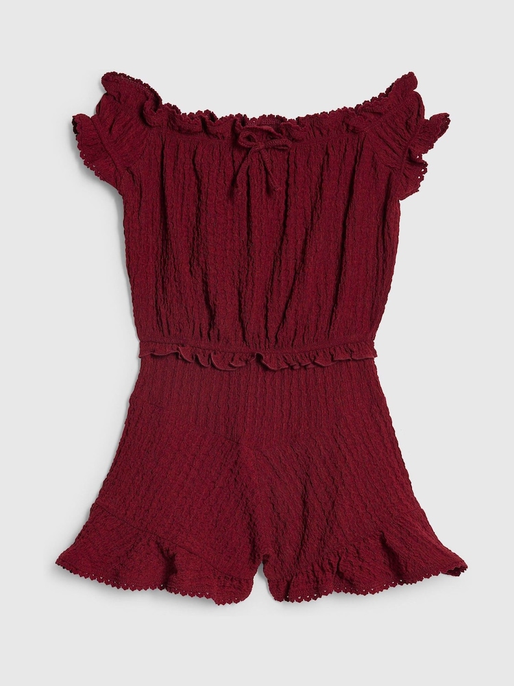 River Island Red Bardot Crinkle Jersey Playsuit - Image 1 of 4 River Island Red Bardot Crinkle Jersey Playsuit - Image 1 of 4