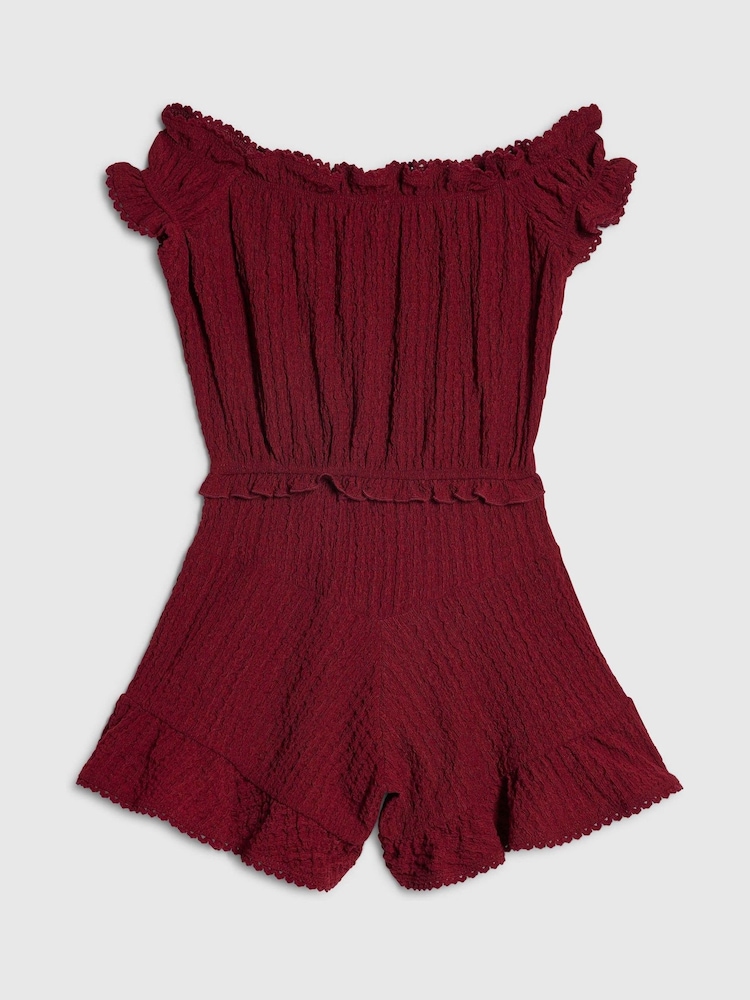 River Island Red Bardot Crinkle Jersey Playsuit - Image 2 of 4 River Island Red Bardot Crinkle Jersey Playsuit - Image 2 of 4
