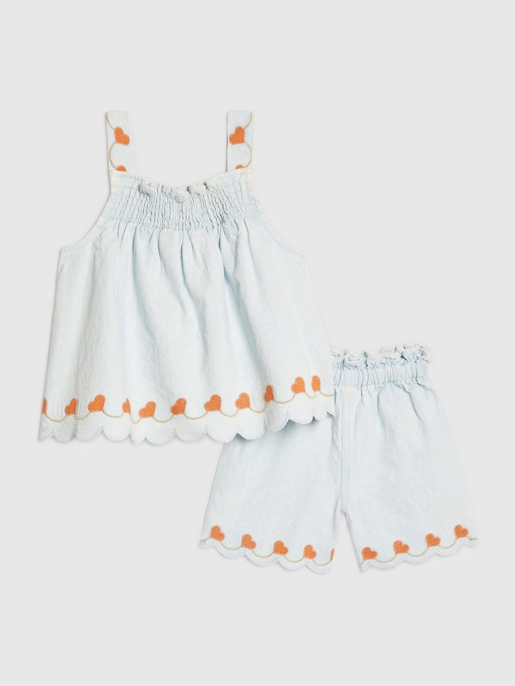 River Island Blue Denim Heart Frill Top & Shorts Set - Image 1 of 5 River Island Blue Denim Heart Frill Top & Shorts Set - Image 1 of 5