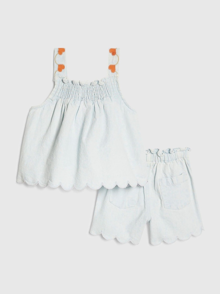 River Island Blue Denim Heart Frill Top & Shorts Set - Image 2 of 5 River Island Blue Denim Heart Frill Top & Shorts Set - Image 2 of 5