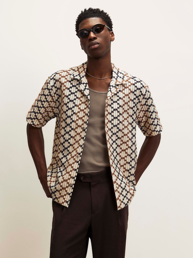 River Island Brown Geometric Crochet Revere Shirt - Image 2 of 4