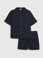 River Island Navy Textured Revere Shirt & Shorts Set - Image 1 of 5