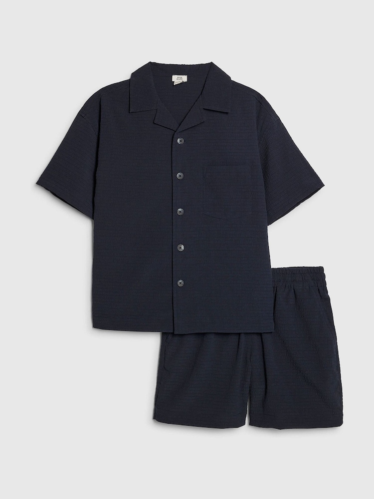 River Island Navy Textured Revere Shirt & Shorts Set - Image 1 of 5