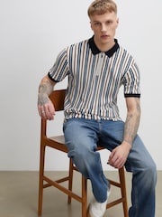 River Island Blue Slim Fit Stripe Zip Polo Shirt - Image 1 of 4