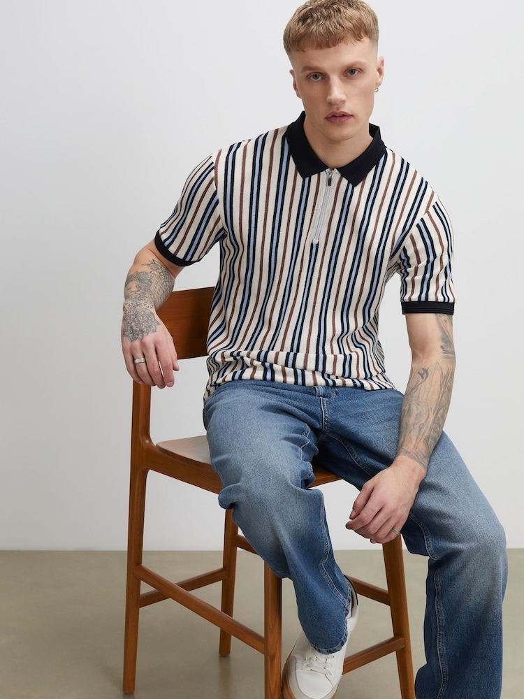 River Island Blue Slim Fit Stripe Zip Polo Shirt - Image 1 of 4