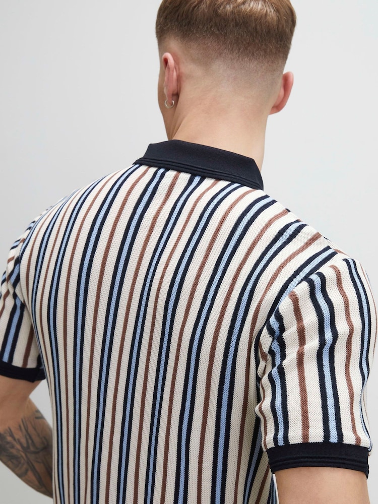 River Island Blue Slim Fit Stripe Zip Polo Shirt - Image 4 of 4