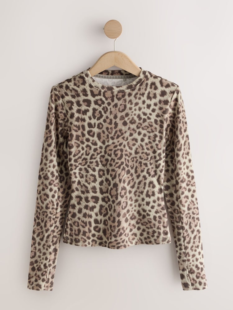 Leopard Print Thermal Crew Neck Long Sleeve Top - Image 1 of 3