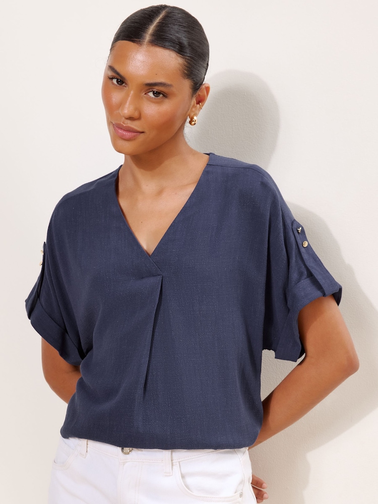 Lipsy Navy Blue Touch Of Linen V-Neck Top - Image 1 of 5 Lipsy Navy Blue Touch Of Linen V-Neck Top - Image 1 of 5