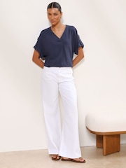 Lipsy Navy Blue Touch Of Linen V-Neck Top - Image 2 of 5
