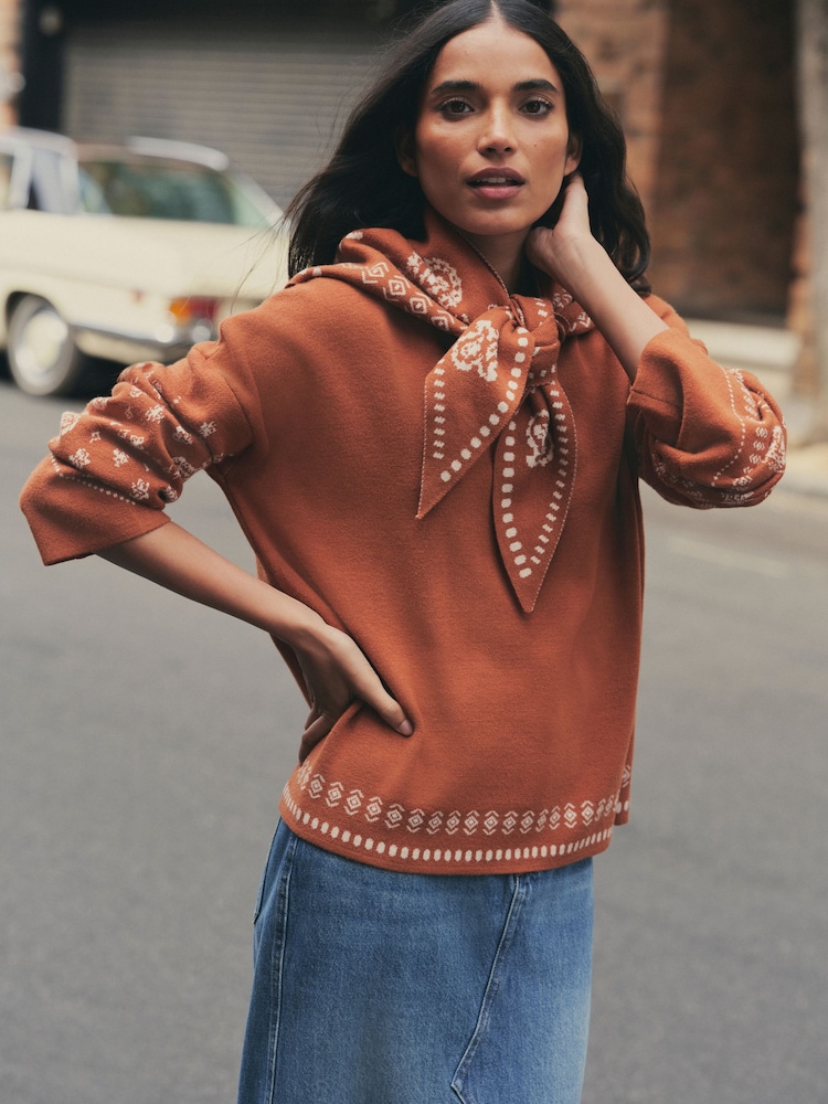 Brown Paisley Scarf Detail Knit Look Jumper - Image 1 of 12